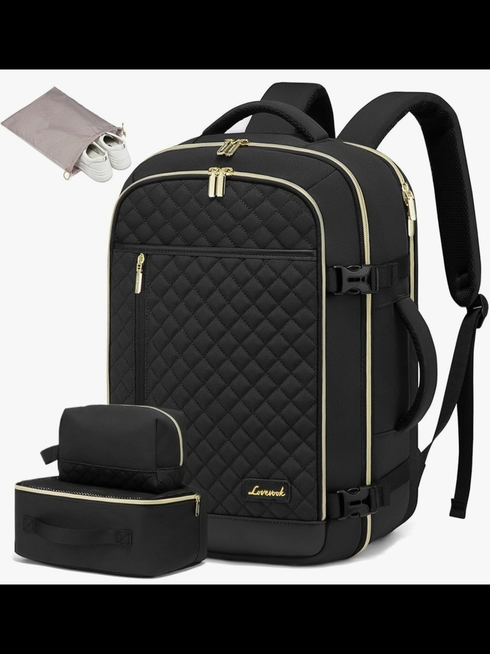 Black Quilted Travel Backpack with Gold Trim